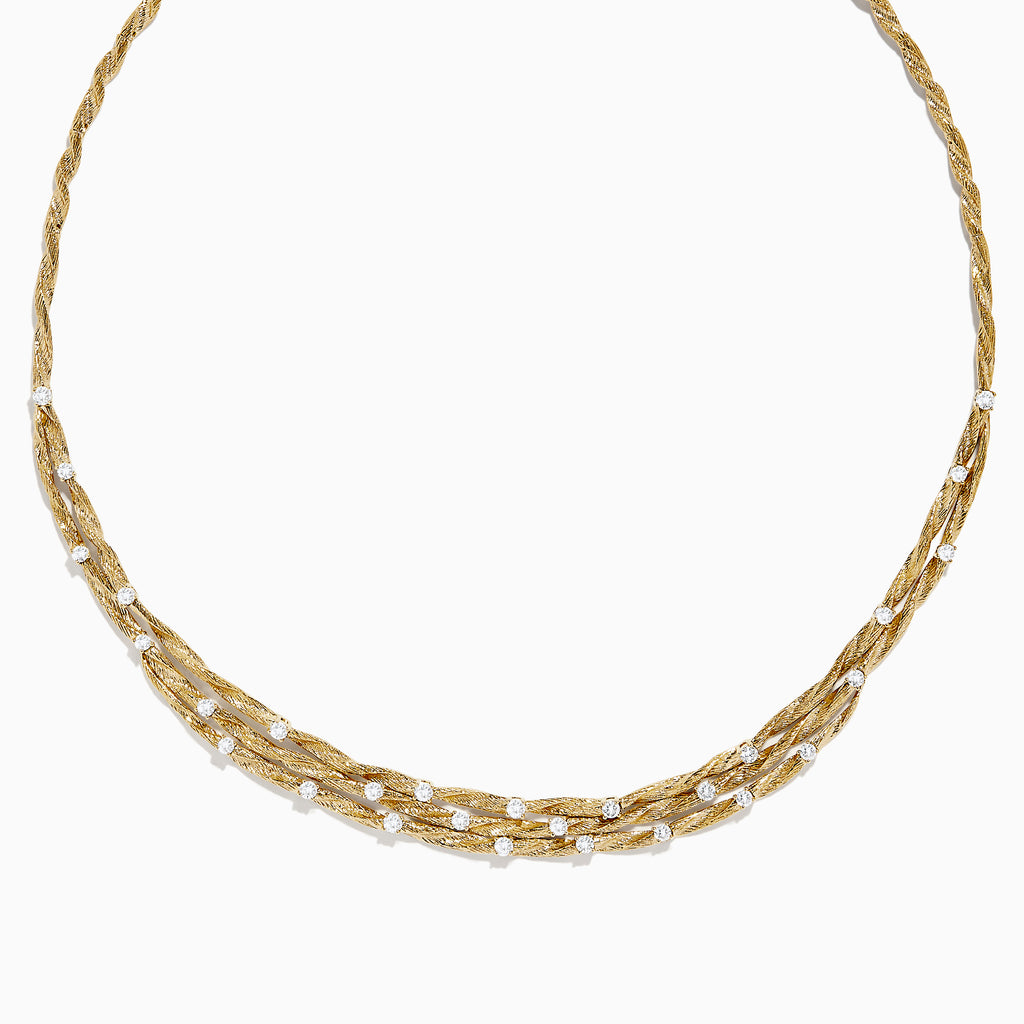 The DOro 14K Textured Yellow Gold Diamond Collar Necklace, 1.68 TCW, features twisted strands with evenly spaced round diamonds and is elegantly displayed on a white background.
