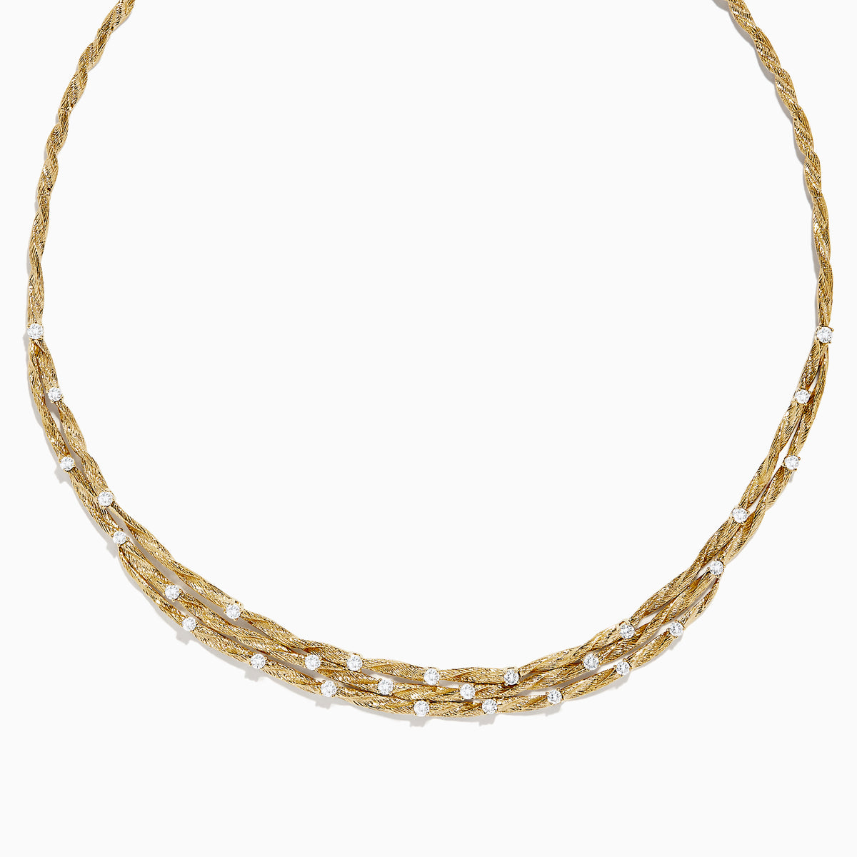 The DOro 14K Textured Yellow Gold Diamond Collar Necklace, 1.68 TCW, features twisted strands with evenly spaced round diamonds and is elegantly displayed on a white background.