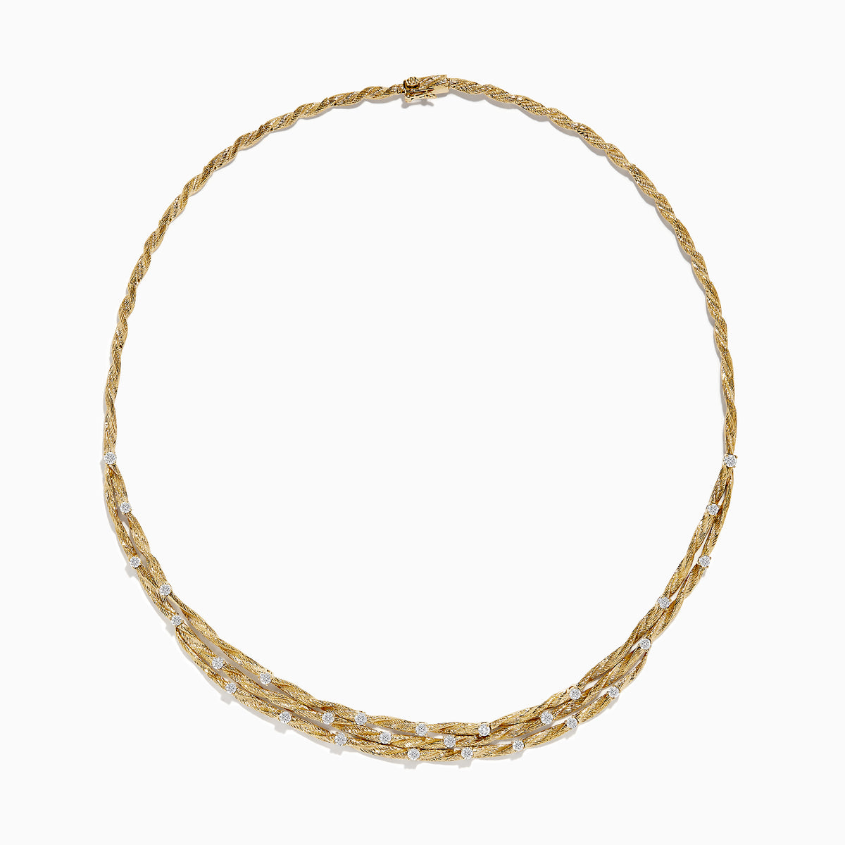 The DOro 14K Textured Yellow Gold Diamond Collar Necklace, 1.68 TCW, features twisted strands with evenly spaced round diamonds and is elegantly displayed on a white background.