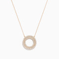 The Pave Rose 14K Rose Gold Diamond Circle Necklace showcases a circular pendant with two concentric rows of sparkling diamonds, shown on a white background.