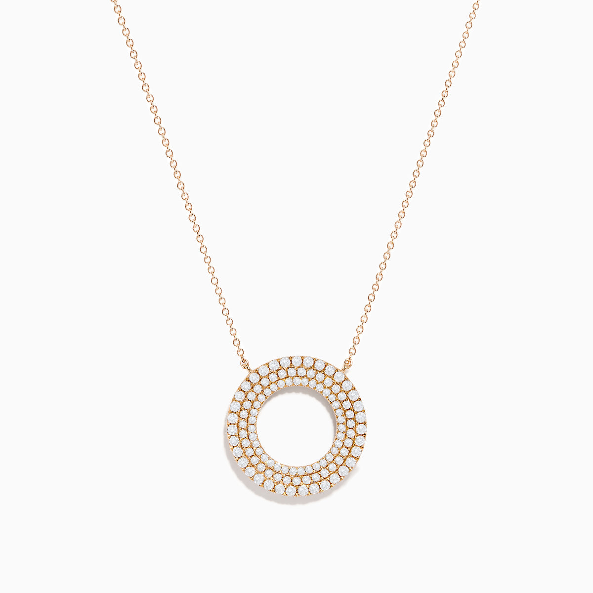 The Pave Rose 14K Rose Gold Diamond Circle Necklace showcases a circular pendant with two concentric rows of sparkling diamonds, shown on a white background.