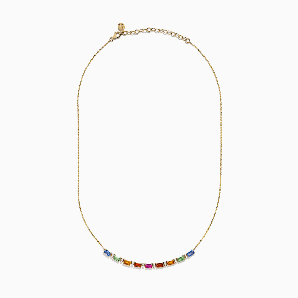 The Watercolors 14K Yellow Gold Multi Sapphire and Diamond Necklace features a delicate gold chain with a gradient row of rectangular multicolored sapphires and diamond accents, displayed on a white background.