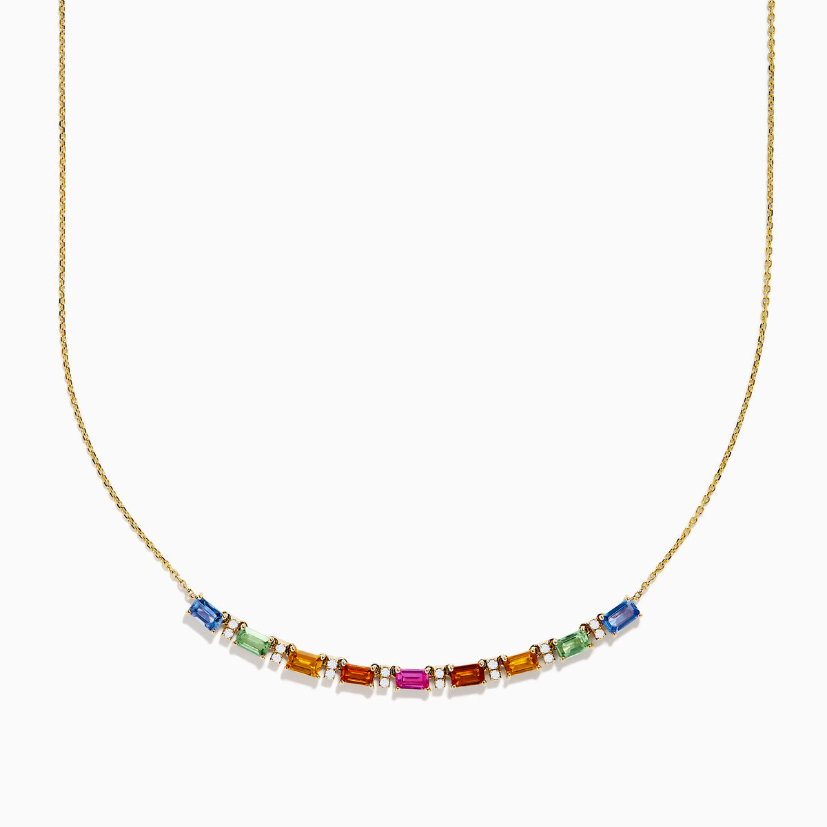 The Watercolors 14K Yellow Gold Multi Sapphire and Diamond Necklace features a delicate gold chain with a gradient row of rectangular multicolored sapphires and diamond accents, displayed on a white background.