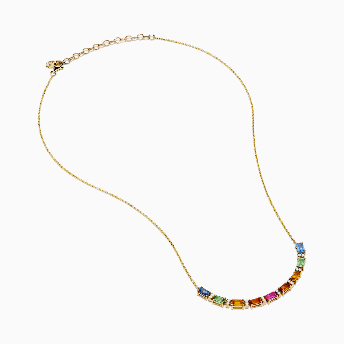 The Watercolors 14K Yellow Gold Multi Sapphire and Diamond Necklace features a delicate gold chain with a gradient row of rectangular multicolored sapphires and diamond accents, displayed on a white background.