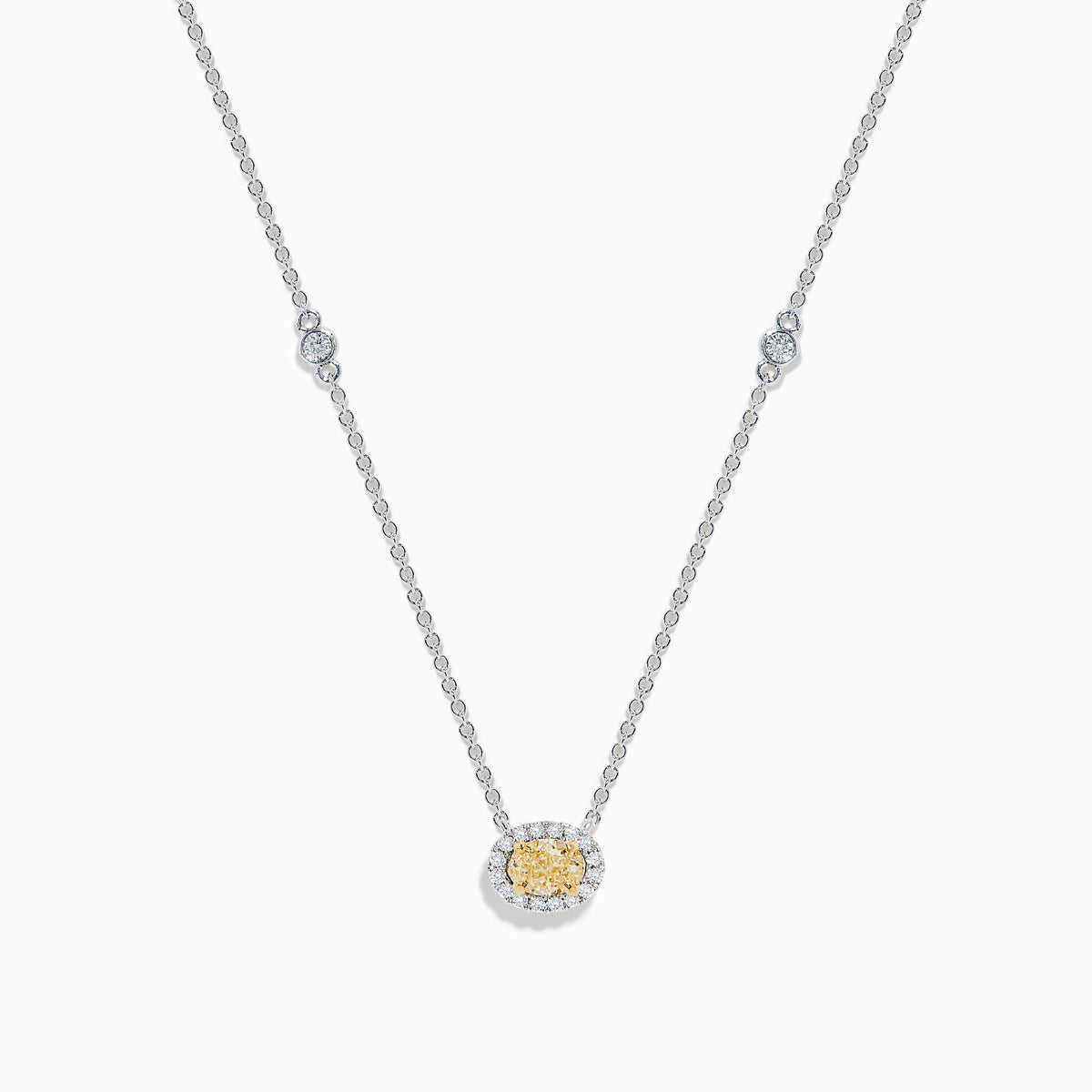 18K White Gold Yellow and White Diamond Oval Halo Station Necklace