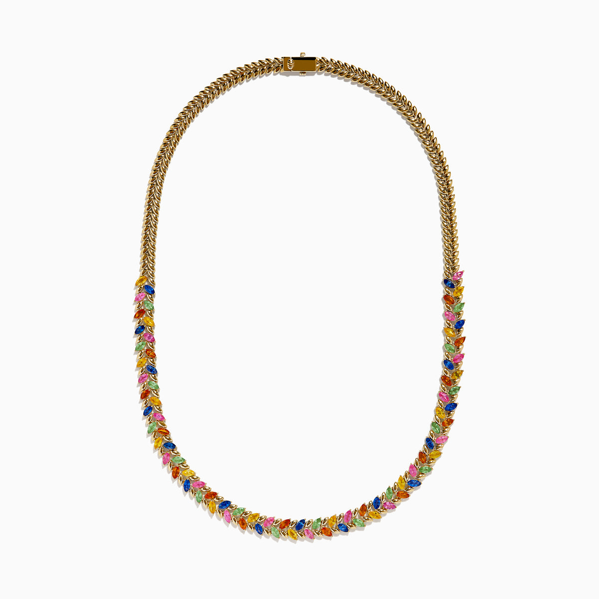 The Watercolors 14K Yellow Gold Multi Sapphire Necklace features a repeating pattern of small marquise-shaped sapphires in red, blue, green, orange, and pink set along the entire chain.