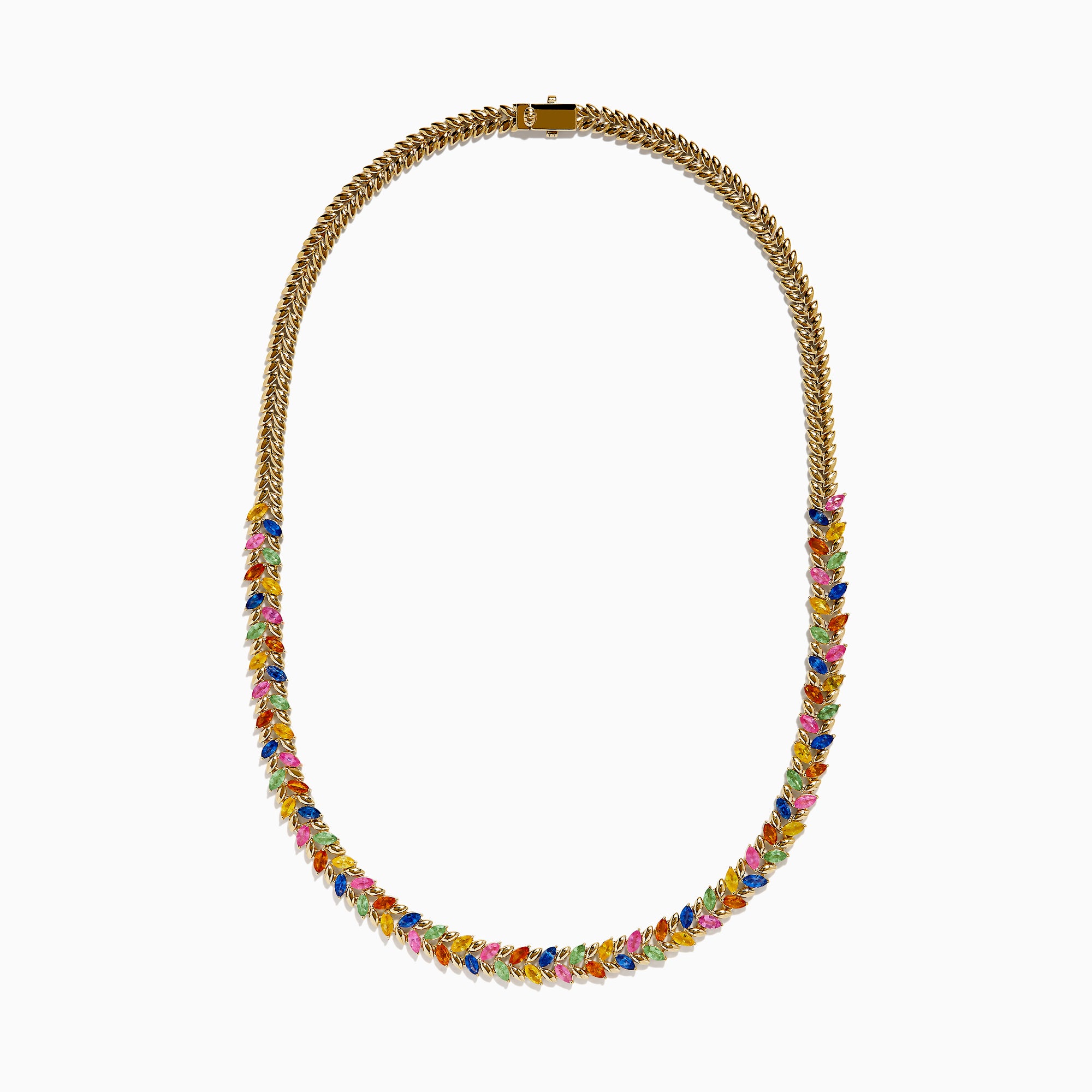 The Watercolors 14K Yellow Gold Multi Sapphire Necklace features a repeating pattern of small marquise-shaped sapphires in red, blue, green, orange, and pink set along the entire chain.