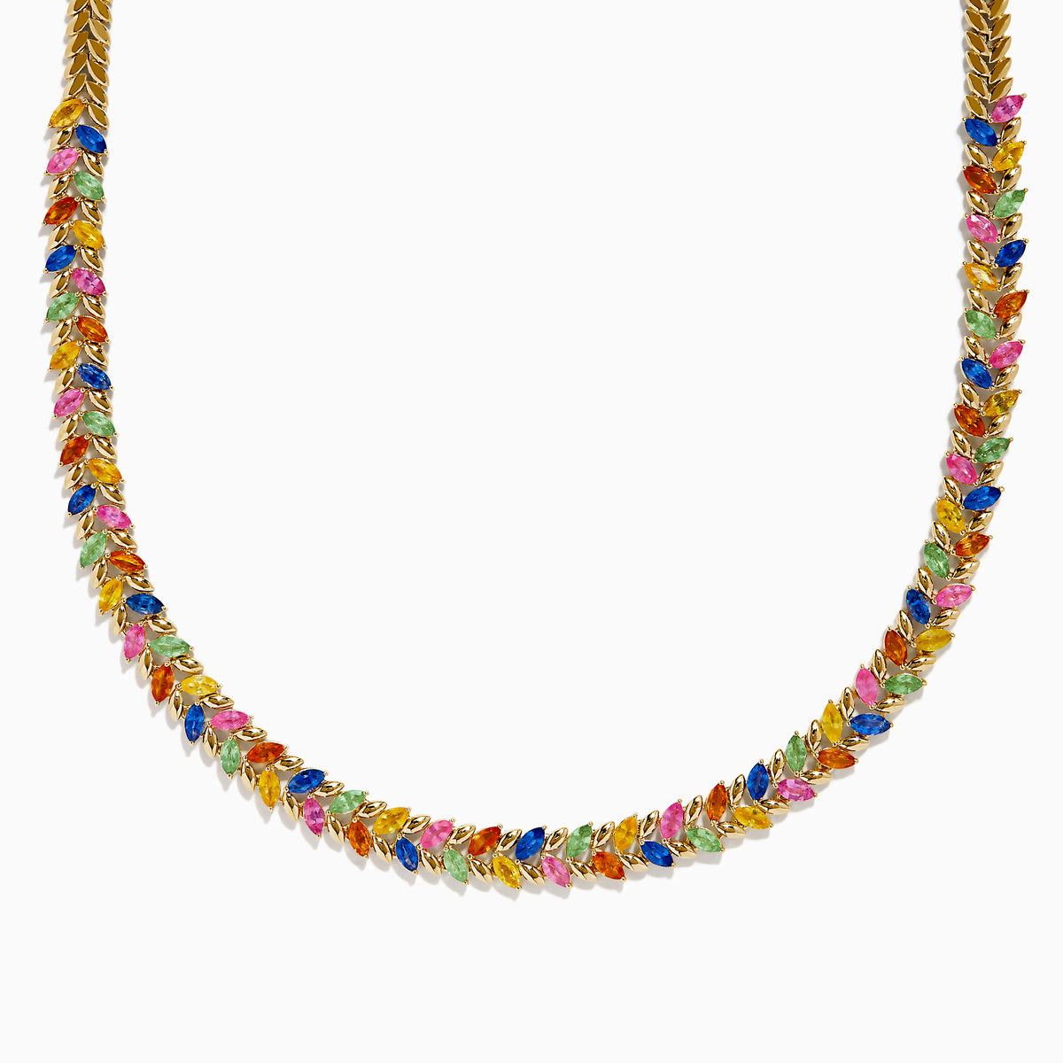 The Watercolors 14K Yellow Gold Multi Sapphire Necklace features a repeating pattern of small marquise-shaped sapphires in red, blue, green, orange, and pink set along the entire chain.