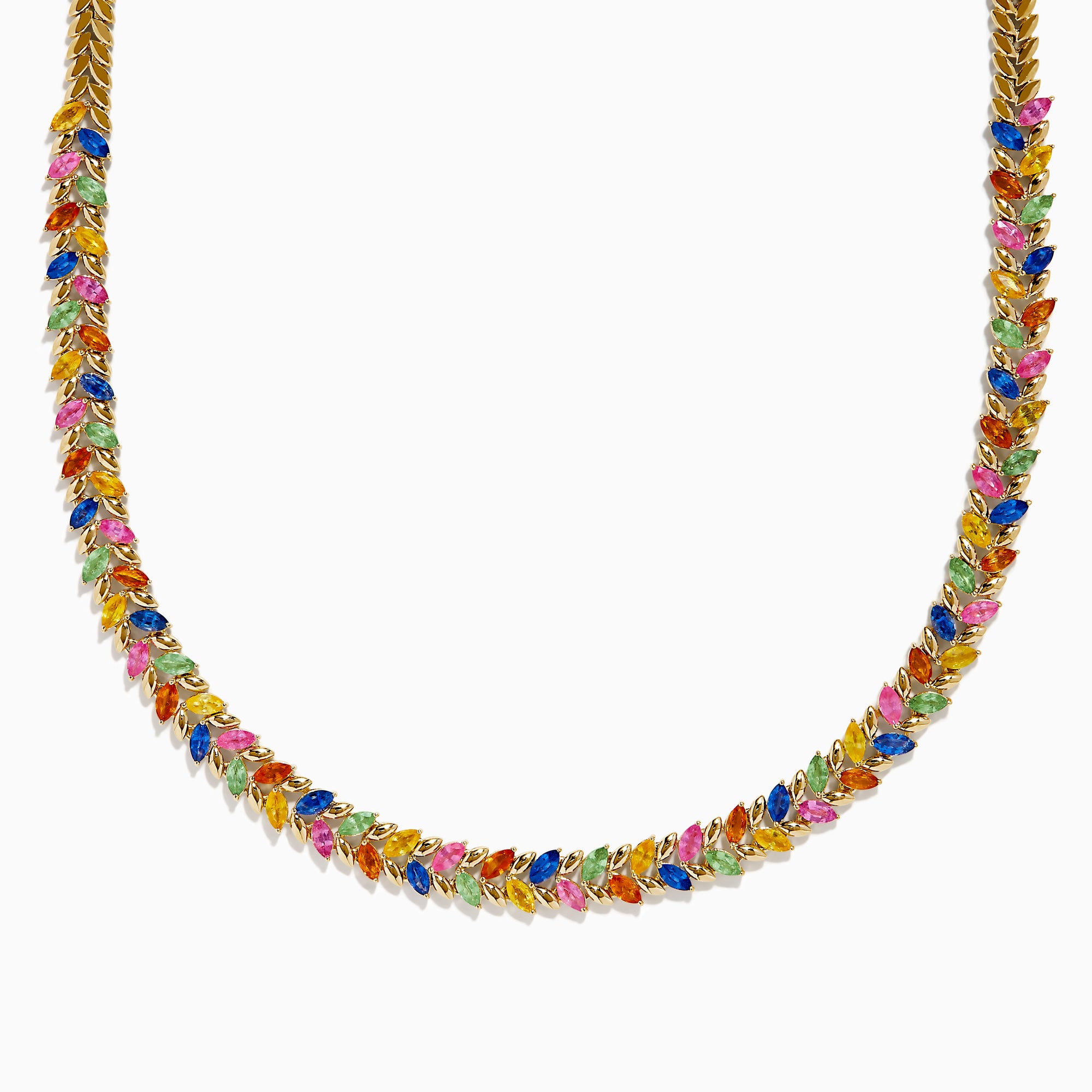 The Watercolors 14K Yellow Gold Multi Sapphire Necklace features a repeating pattern of small marquise-shaped sapphires in red, blue, green, orange, and pink set along the entire chain.