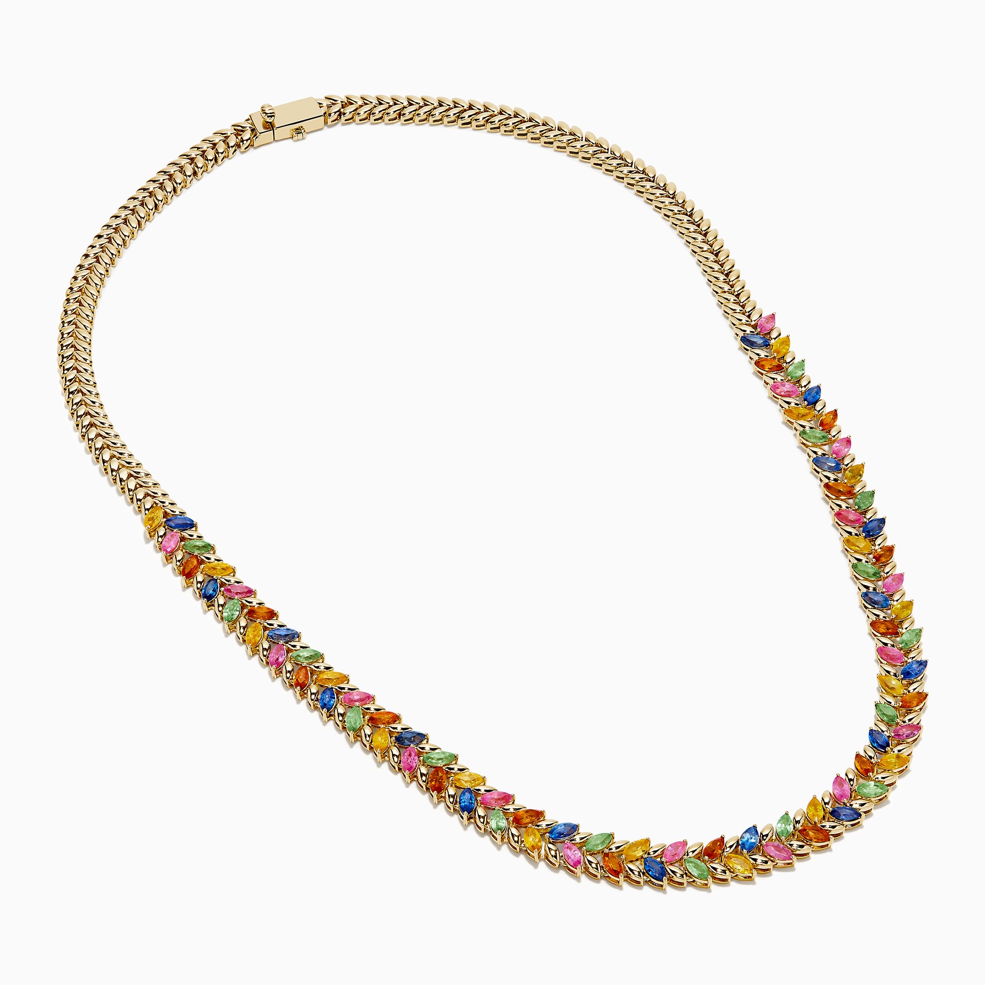 The Watercolors 14K Yellow Gold Multi Sapphire Necklace features a repeating pattern of small marquise-shaped sapphires in red, blue, green, orange, and pink set along the entire chain.