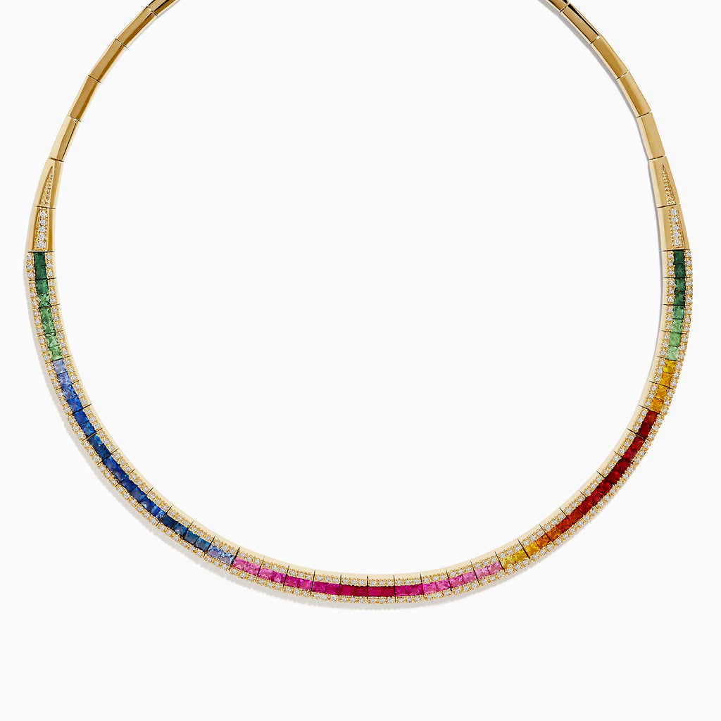 The Watercolors 14K Gold Multi Sapphire & Diamond Necklace, 11.21 TCW, showcases a rainbow gradient of rectangular sapphires accented with small diamonds, set in gold and displayed on a white background.