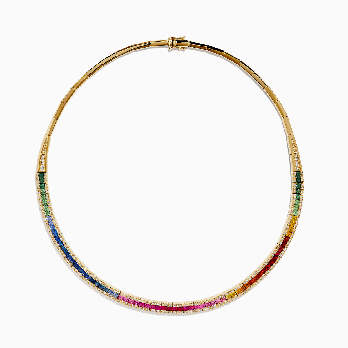The Watercolors 14K Gold Multi Sapphire & Diamond Necklace, 11.21 TCW, showcases a rainbow gradient of rectangular sapphires accented with small diamonds, set in gold and displayed on a white background.