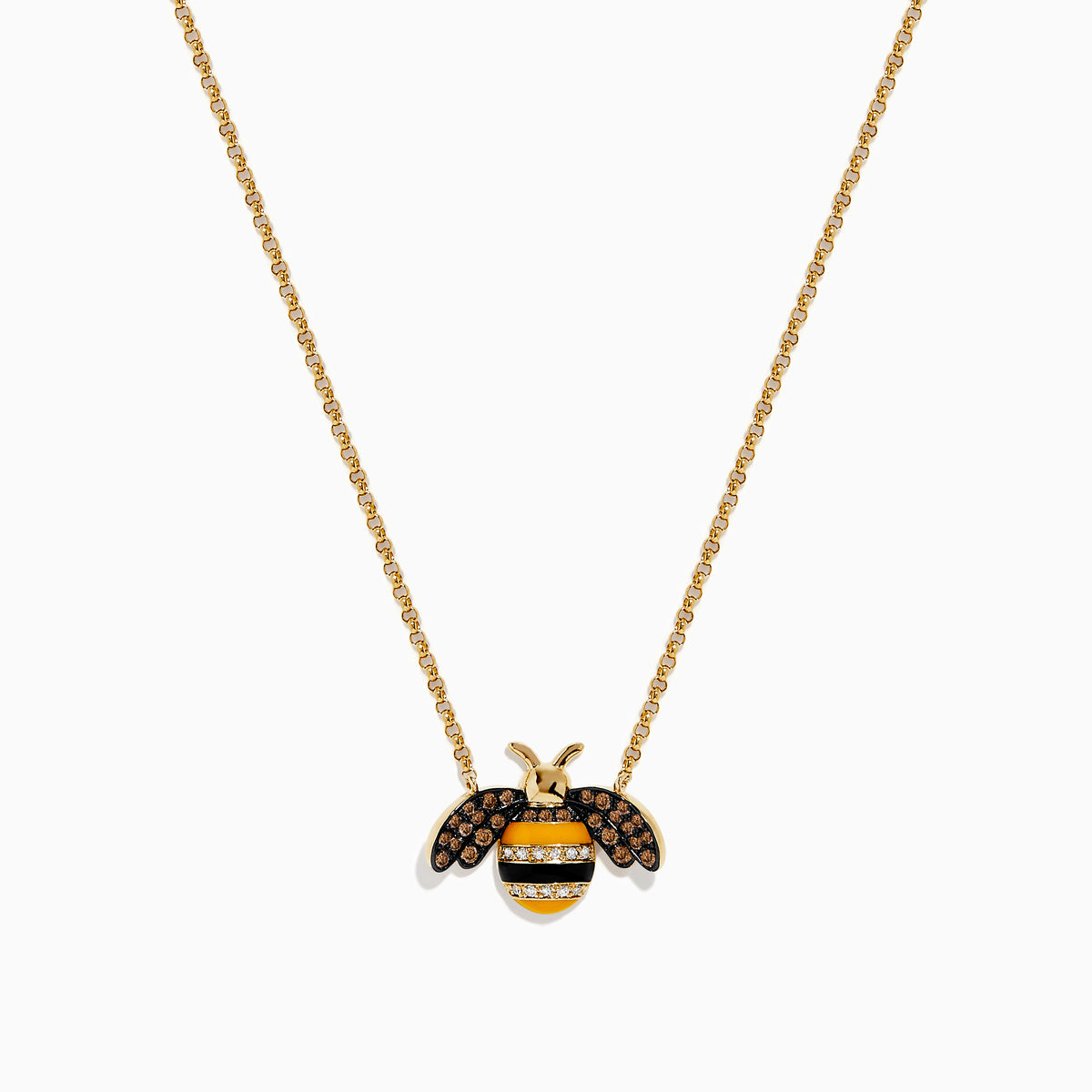 The Novelty 14K Yellow Gold Espresso and White Diamond Bee Necklace features a bee pendant with black, brown, and clear gemstones—including espresso diamonds—on its wings and body, shown against a plain white background.