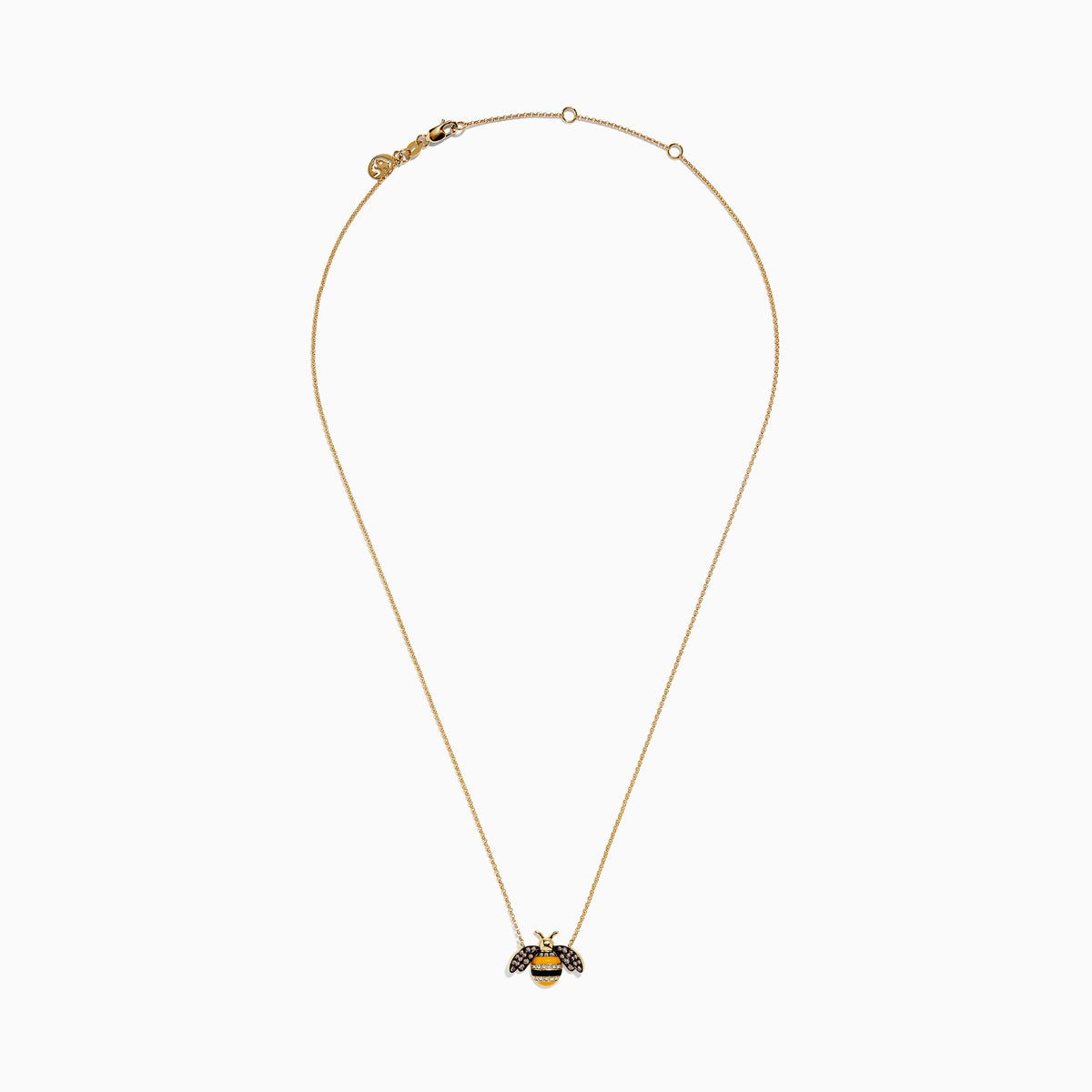 The Novelty 14K Yellow Gold Espresso and White Diamond Bee Necklace features a bee pendant with black, brown, and clear gemstones—including espresso diamonds—on its wings and body, shown against a plain white background.