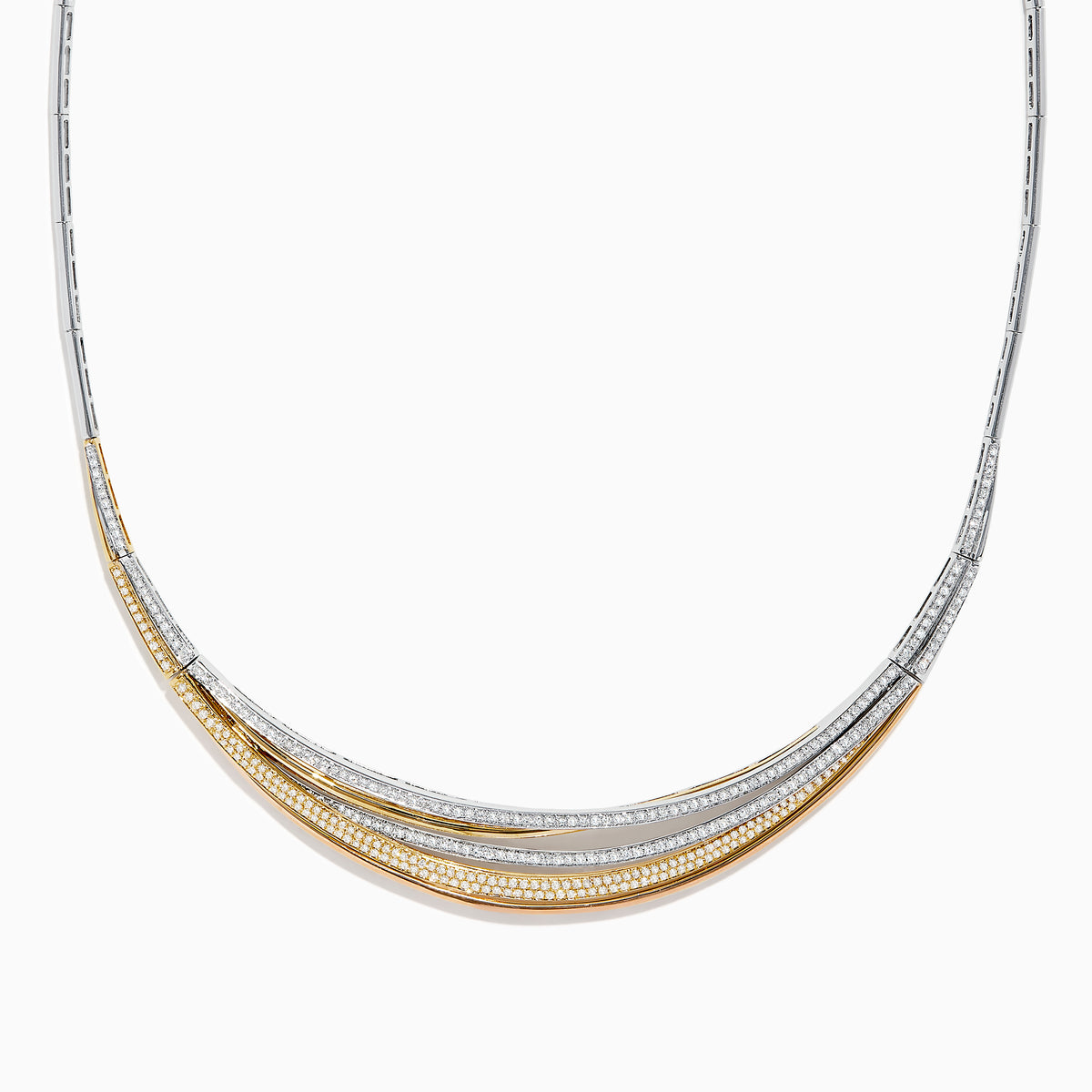 The Trio 14K Tri-Color Gold Diamond Collar Necklace (1.33 TCW) features three curved, layered bands in silver, gold, and rose gold tones, each set with sparkling diamonds on a delicate chain against a white background.