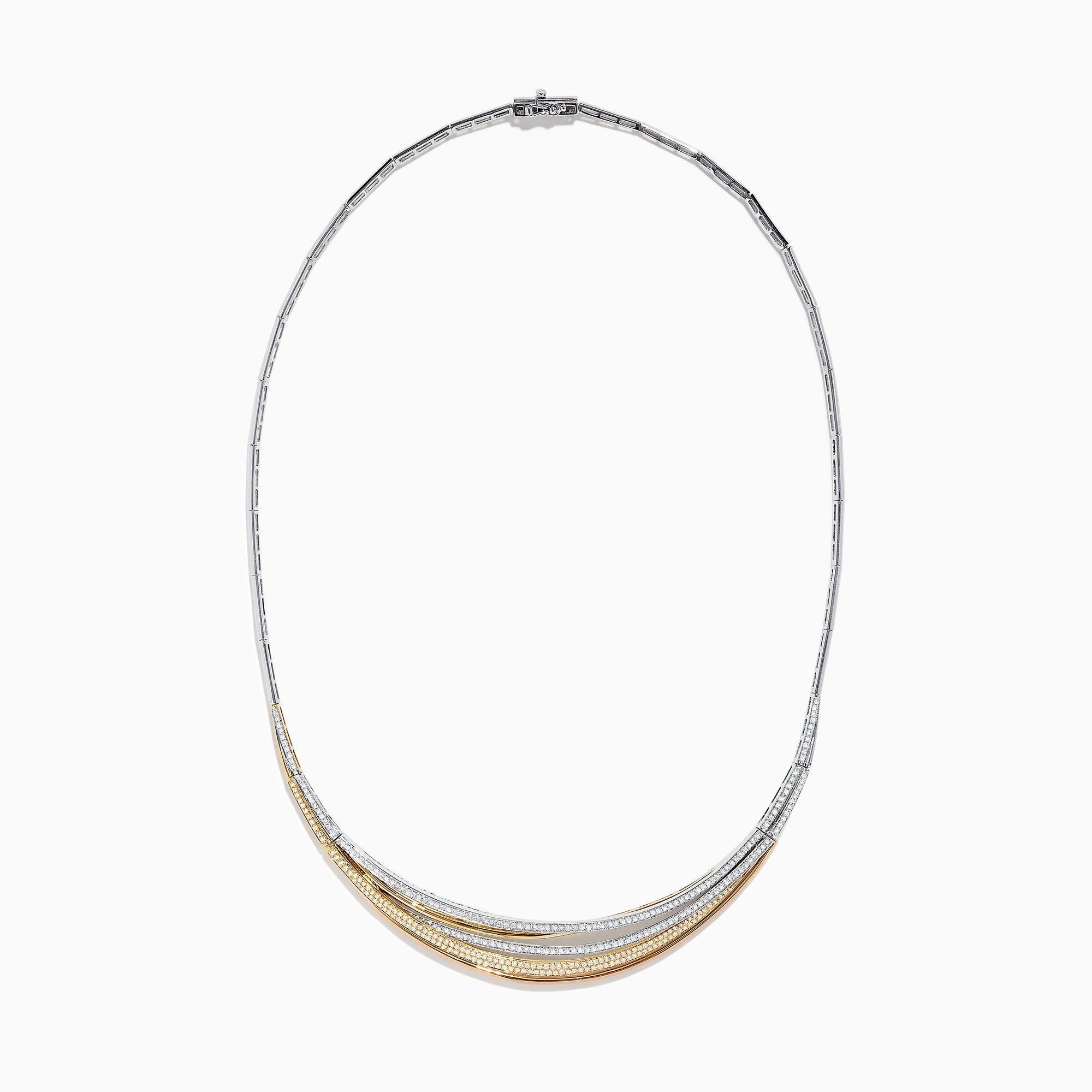 The Trio 14K Tri-Color Gold Diamond Collar Necklace (1.33 TCW) features three curved, layered bands in silver, gold, and rose gold tones, each set with sparkling diamonds on a delicate chain against a white background.