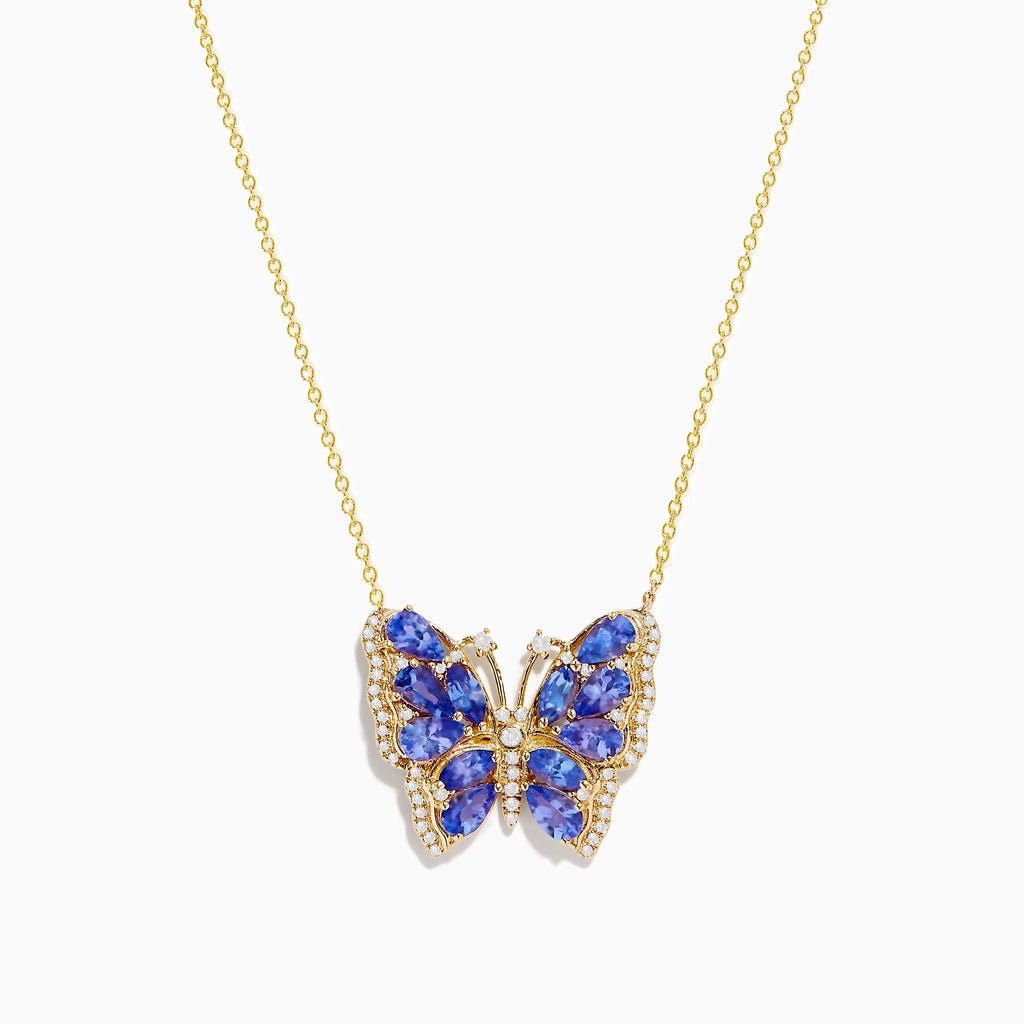 The Nahla 14K Yellow Gold Tanzanite and Diamond Butterfly Necklace features tanzanite gemstone wings and diamond accents, all set against a white background.