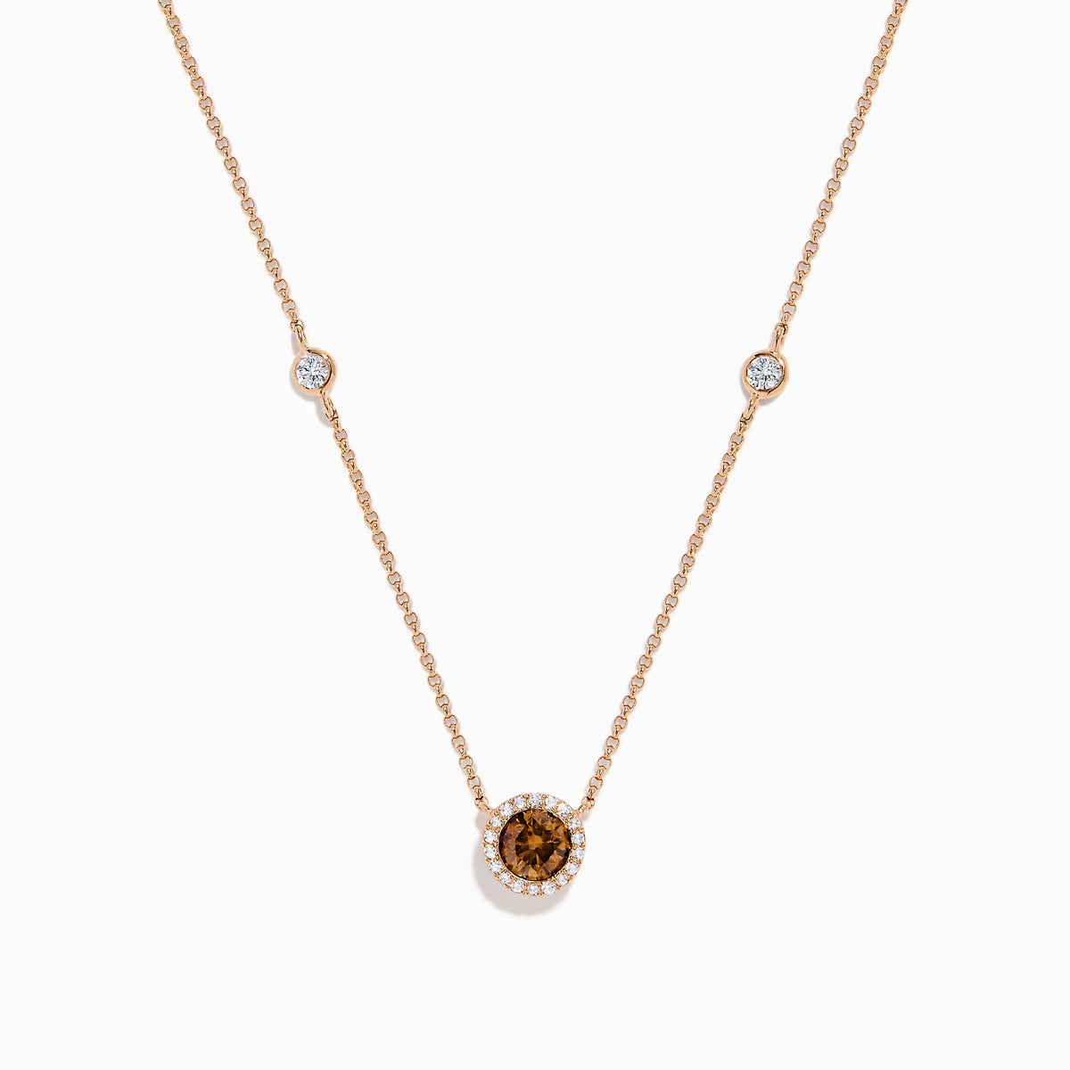 14K Rose Gold Brown and White Diamond Halo Station Necklace