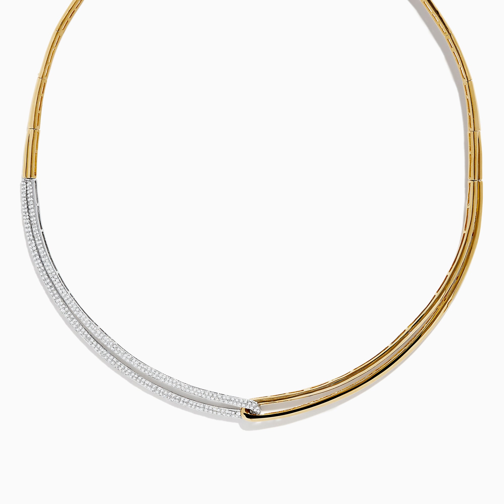 The Duo 14K Two Tone Yellow and White Gold Diamond Collar Necklace, 1.37 TCW features a modern design with a yellow gold band and an asymmetrical white gold section set with sparkling diamonds for striking contrast.
