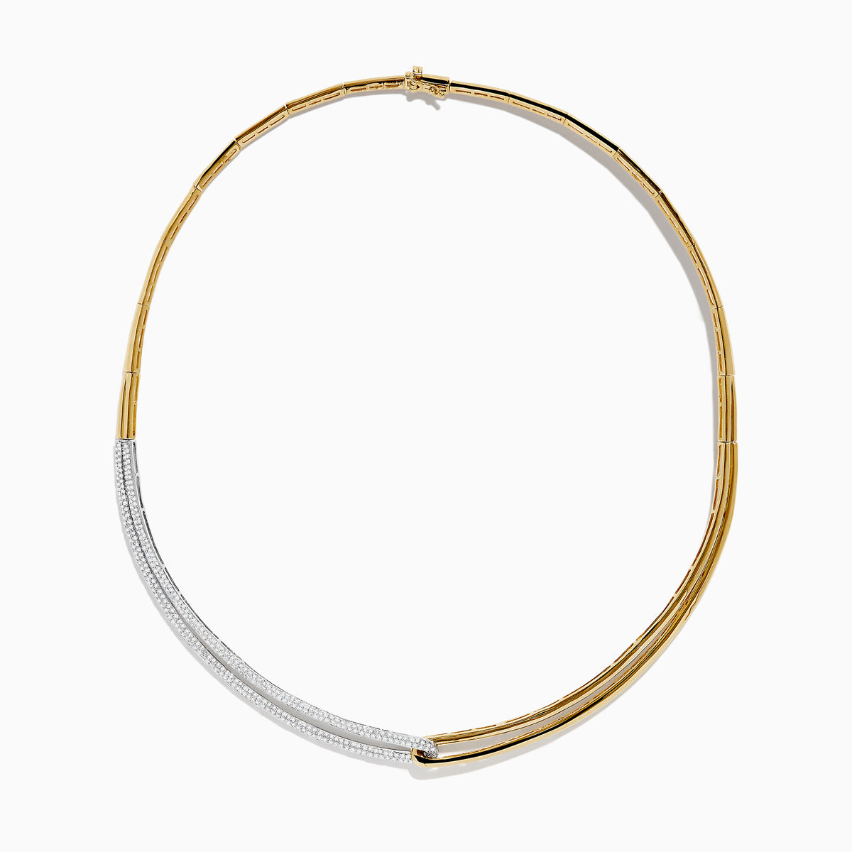 The Duo 14K Two Tone Yellow and White Gold Diamond Collar Necklace, 1.37 TCW features a modern design with a yellow gold band and an asymmetrical white gold section set with sparkling diamonds for striking contrast.