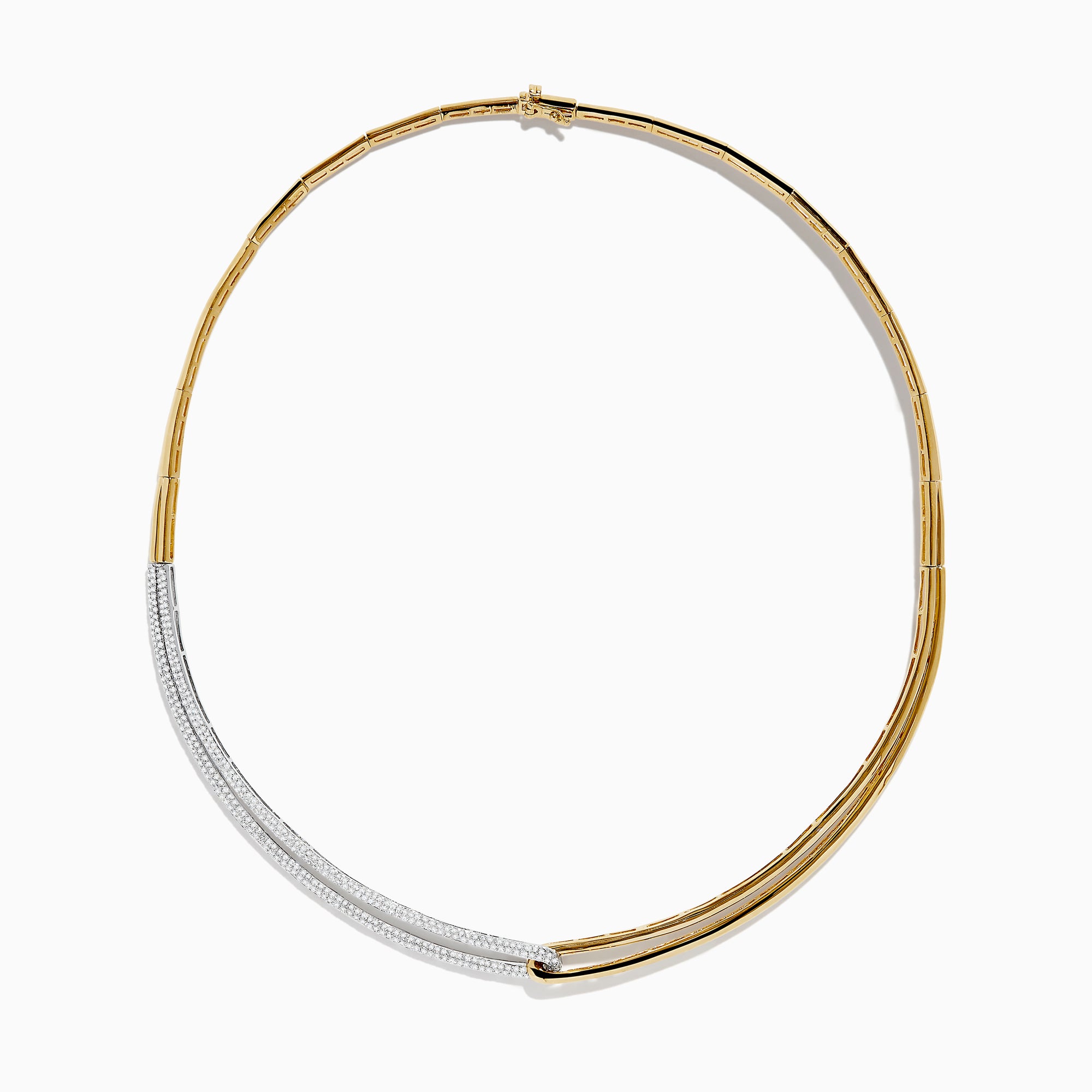 The Duo 14K Two Tone Yellow and White Gold Diamond Collar Necklace, 1.37 TCW features a modern design with a yellow gold band and an asymmetrical white gold section set with sparkling diamonds for striking contrast.
