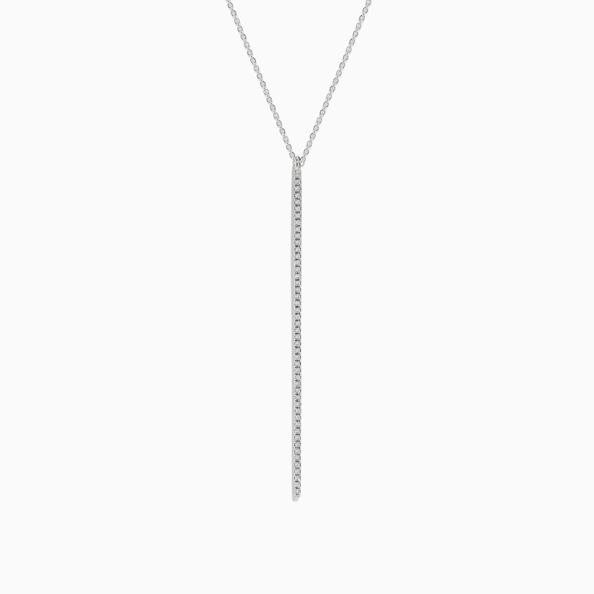 The Pave Classica 14K White Gold Diamond Vertical Pendant (0.14 TCW) features a slender, sparkling bar encrusted with diamonds on a delicate white gold chain, elegantly displayed against a plain white background.