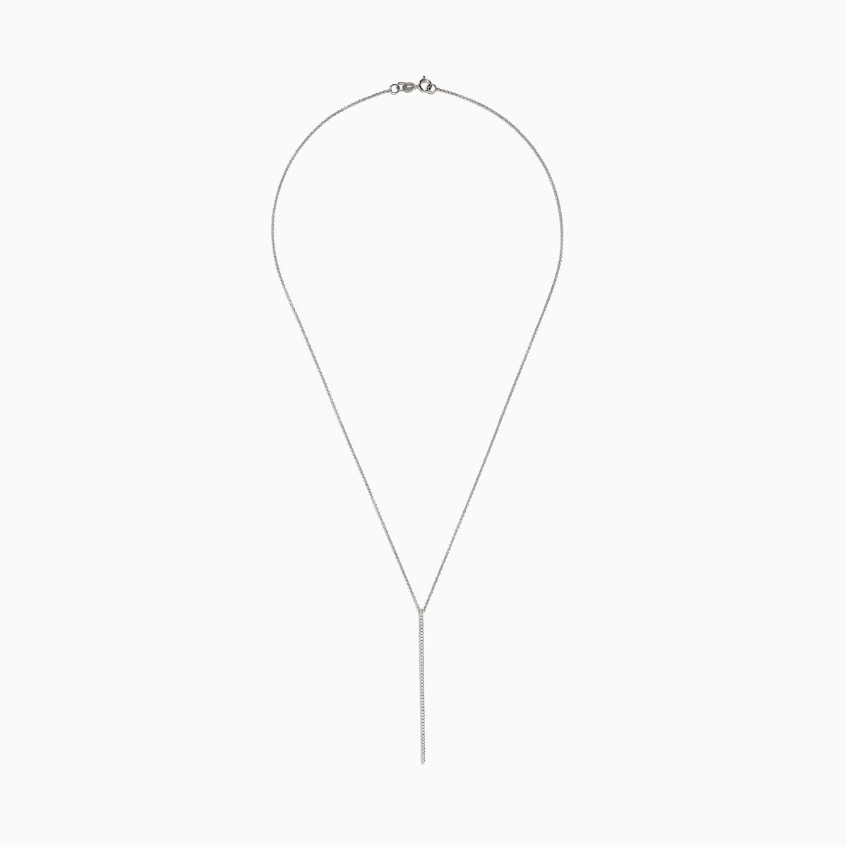 The Pave Classica 14K White Gold Diamond Vertical Pendant (0.14 TCW) features a thin Y-shaped chain with a simple diamond bar drop, shown against a plain white background.