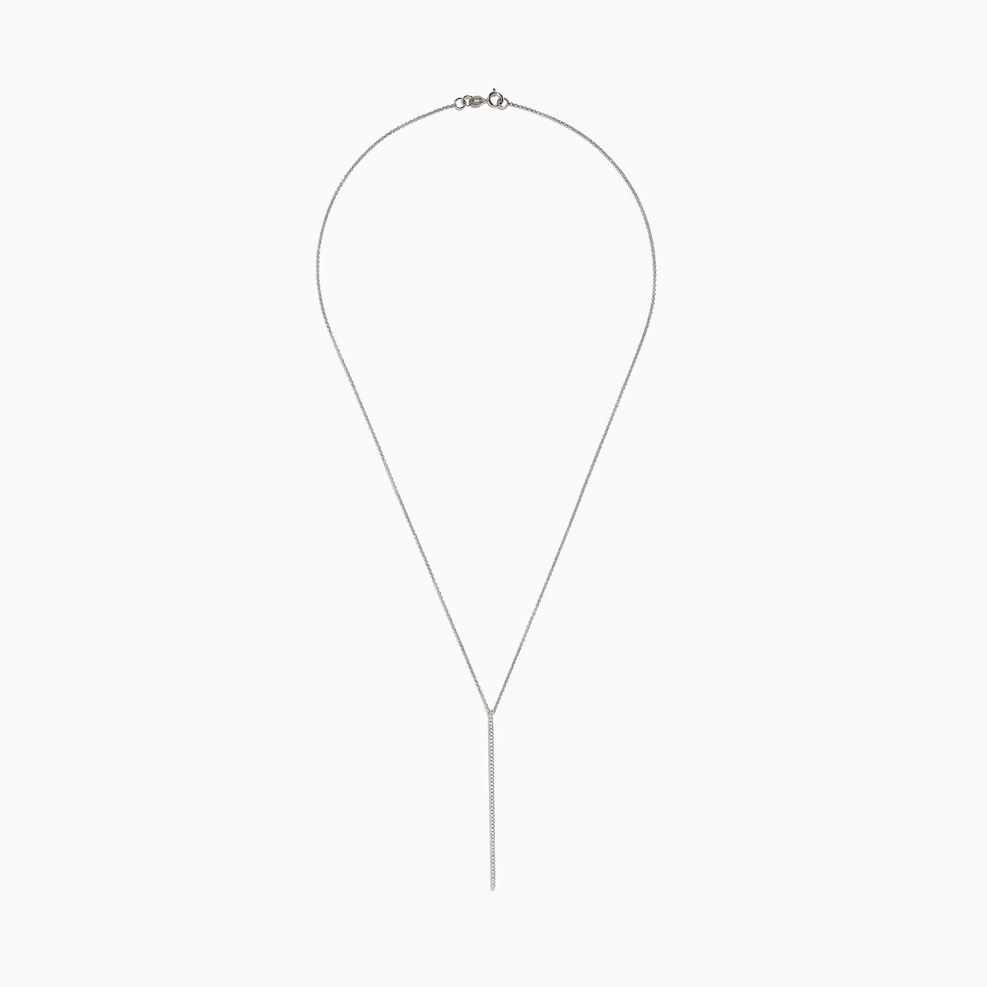 The Pave Classica 14K White Gold Diamond Vertical Pendant (0.14 TCW) features a thin Y-shaped chain with a simple diamond bar drop, shown against a plain white background.