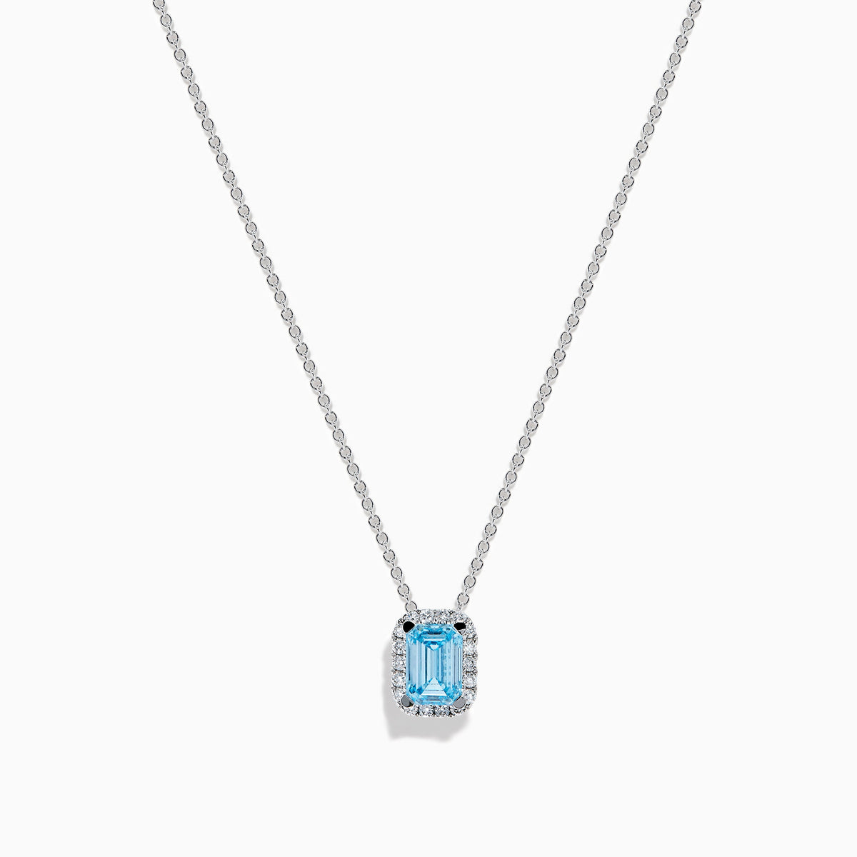 14K White Gold Lab Grown Blue Diamond and Lab Grown Diamond Emerald-Cut Halo Pendant
