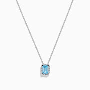 14K White Gold Lab Grown Blue Diamond and Lab Grown Diamond Emerald-Cut Halo Pendant