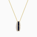 The Royale Bleu 14K Yellow Gold Blue Sapphire and Diamond Pendant features a vertical row of blue sapphires between two rows of diamonds on a delicate gold chain, shown against a white background.
