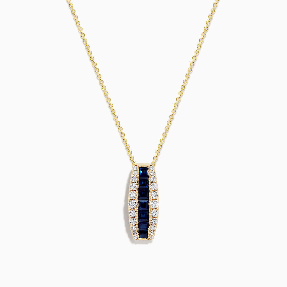 The Royale Bleu 14K Yellow Gold Blue Sapphire and Diamond Pendant features a vertical row of blue sapphires between two rows of diamonds on a delicate gold chain, shown against a white background.