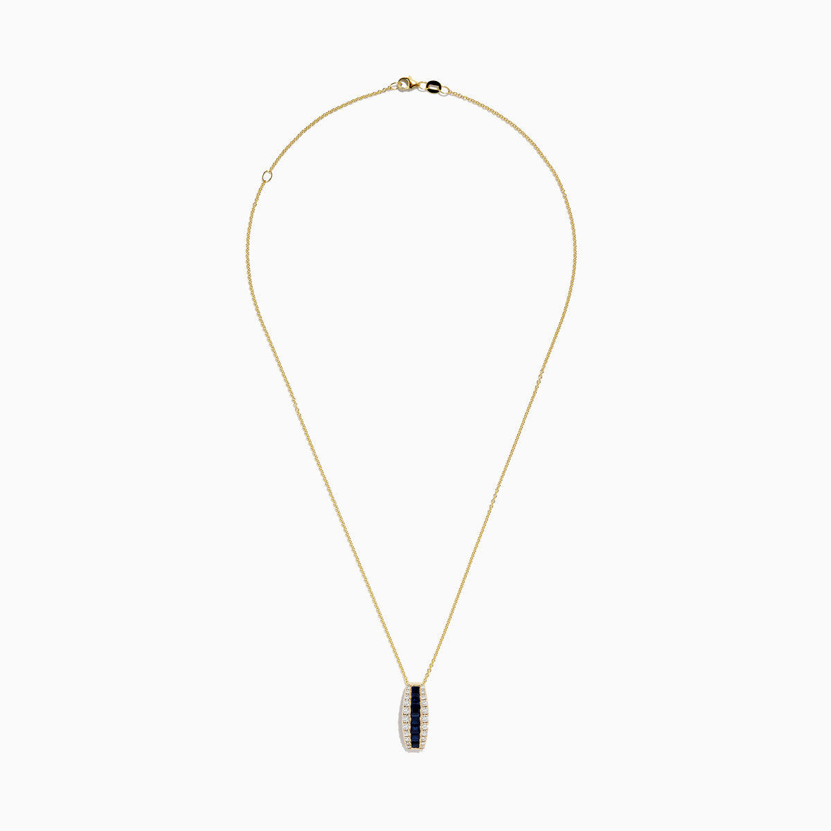 The Royale Bleu 14K Yellow Gold Blue Sapphire and Diamond Pendant features a vertical row of blue sapphires between two rows of diamonds on a delicate gold chain, shown against a white background.