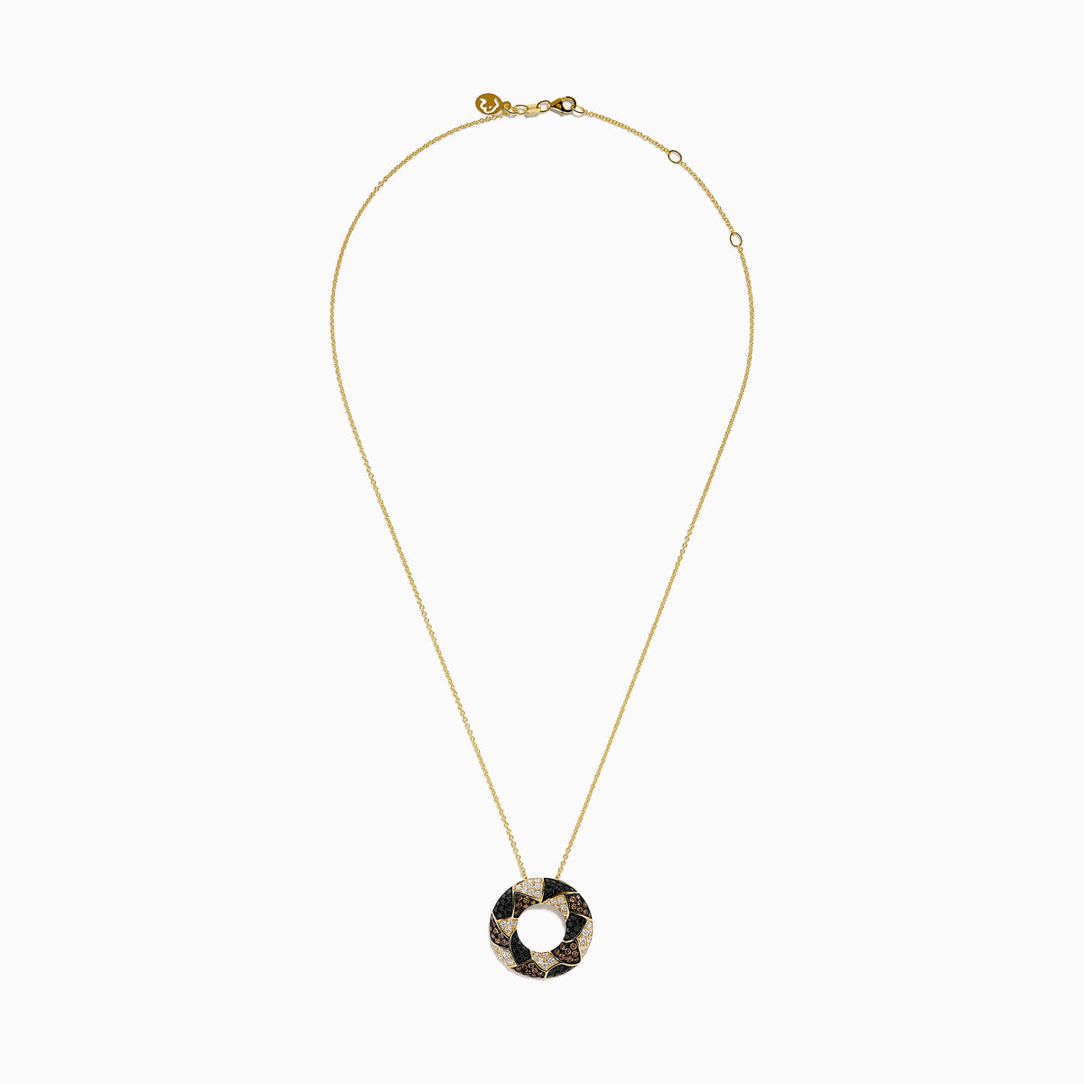 14K Yellow Gold Brown, White and Black Diamond Pave Open Circle Pendant
