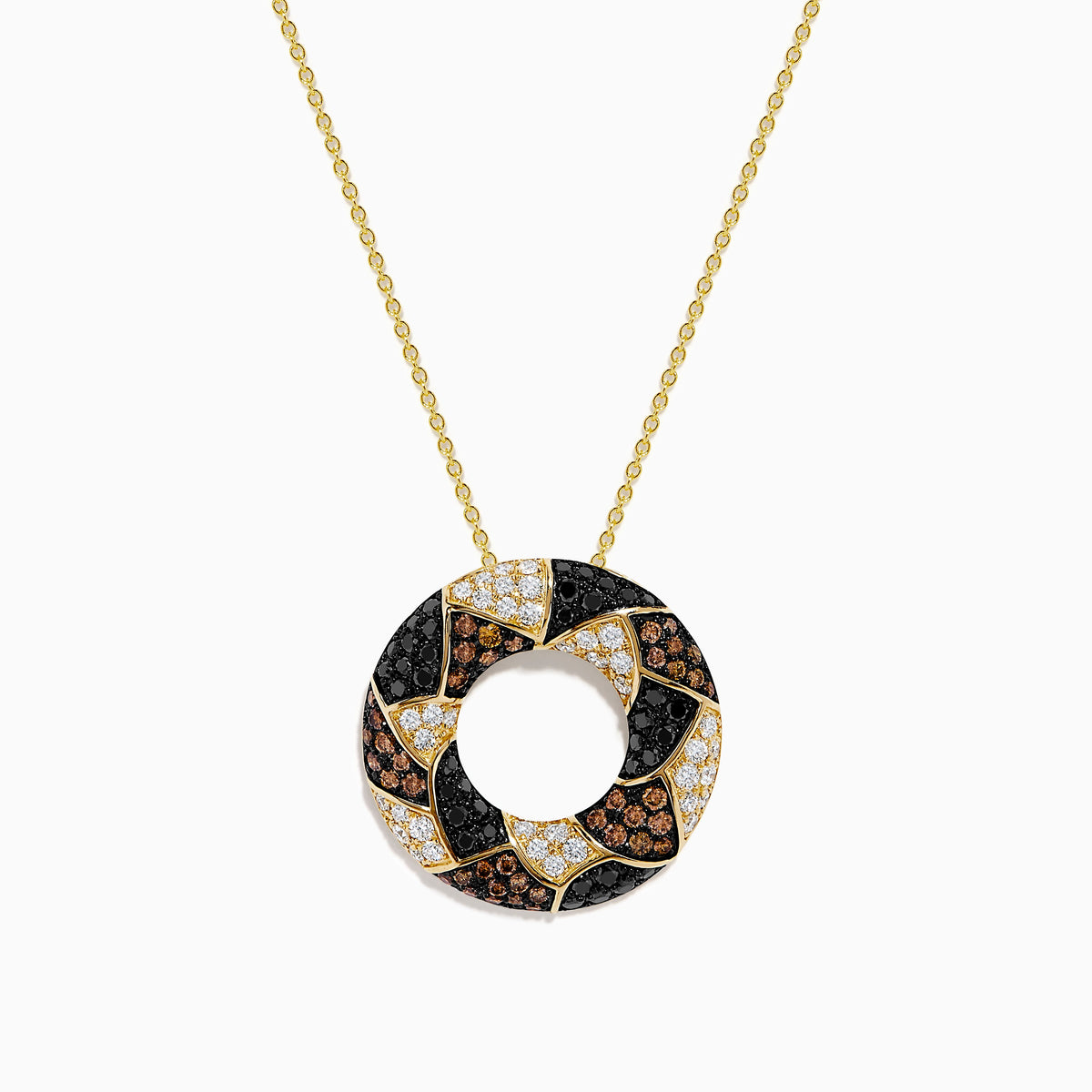 14K Yellow Gold Brown, White and Black Diamond Pave Open Circle Pendant