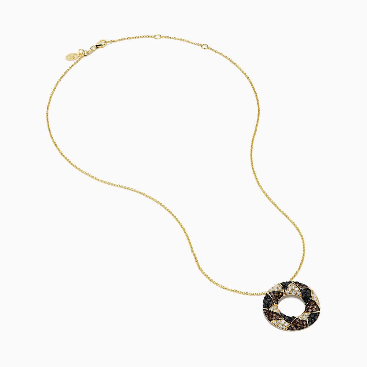14K Yellow Gold Brown, White and Black Diamond Pave Open Circle Pendant