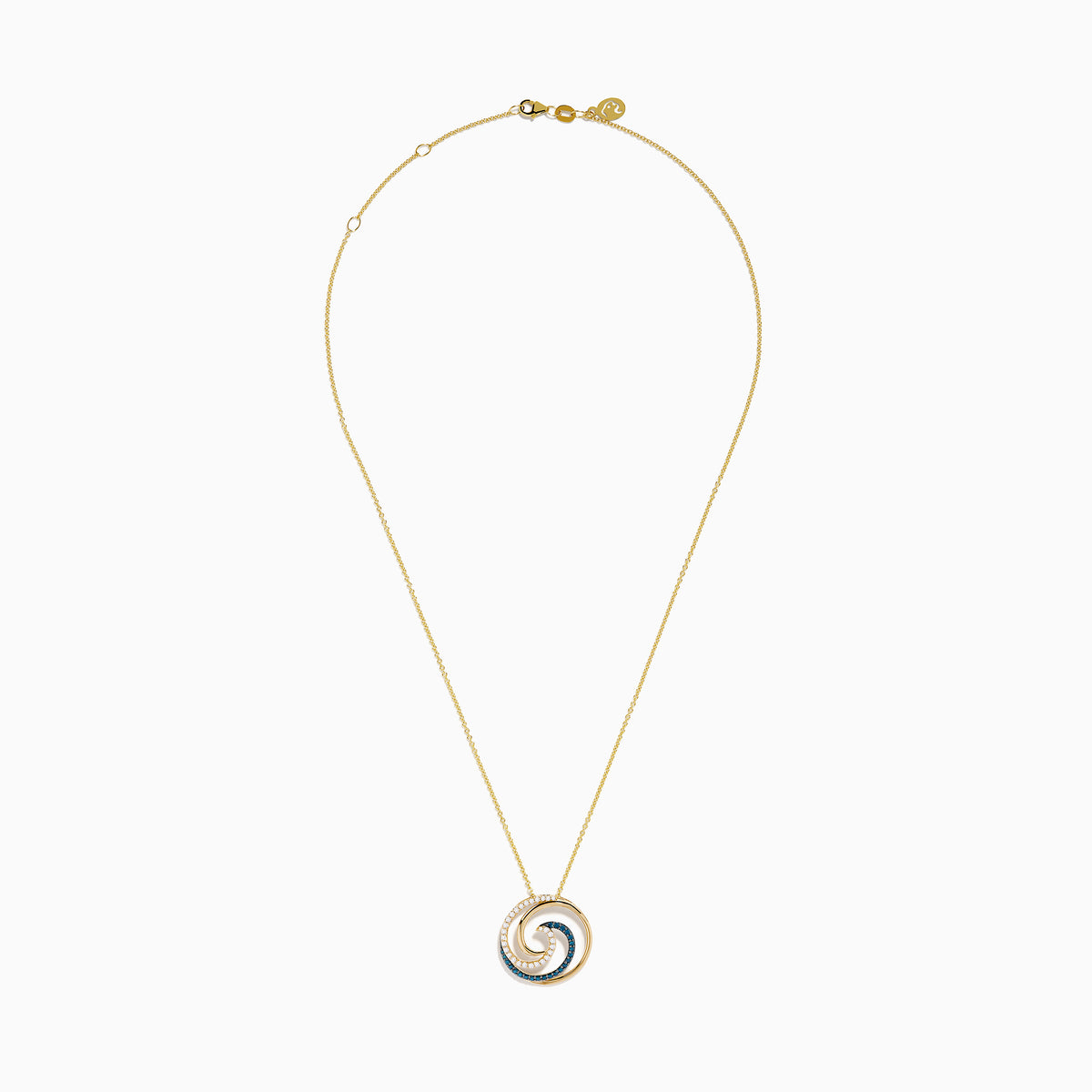 This 14 Karat Yellow Gold Blue Diamond Swirl Pendant features alternating rows of blue and clear gemstones in a spiral swirl, with an elegant wave-like design on a delicate chain.