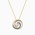 This 14 Karat Yellow Gold Blue Diamond Swirl Pendant features alternating rows of blue and clear gemstones in a spiral swirl, with an elegant wave-like design on a delicate chain.