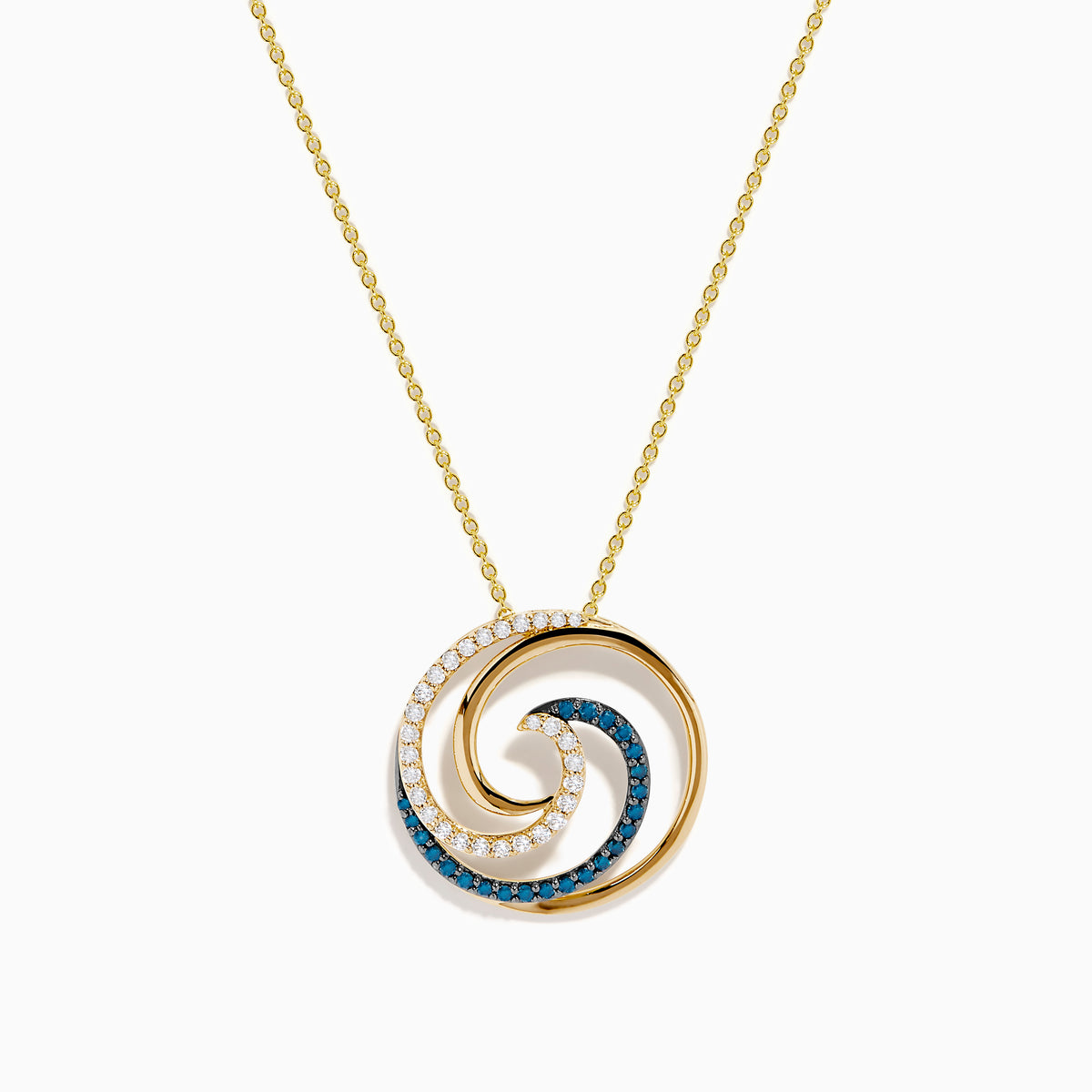 This 14 Karat Yellow Gold Blue Diamond Swirl Pendant features alternating rows of blue and clear gemstones in a spiral swirl, with an elegant wave-like design on a delicate chain.