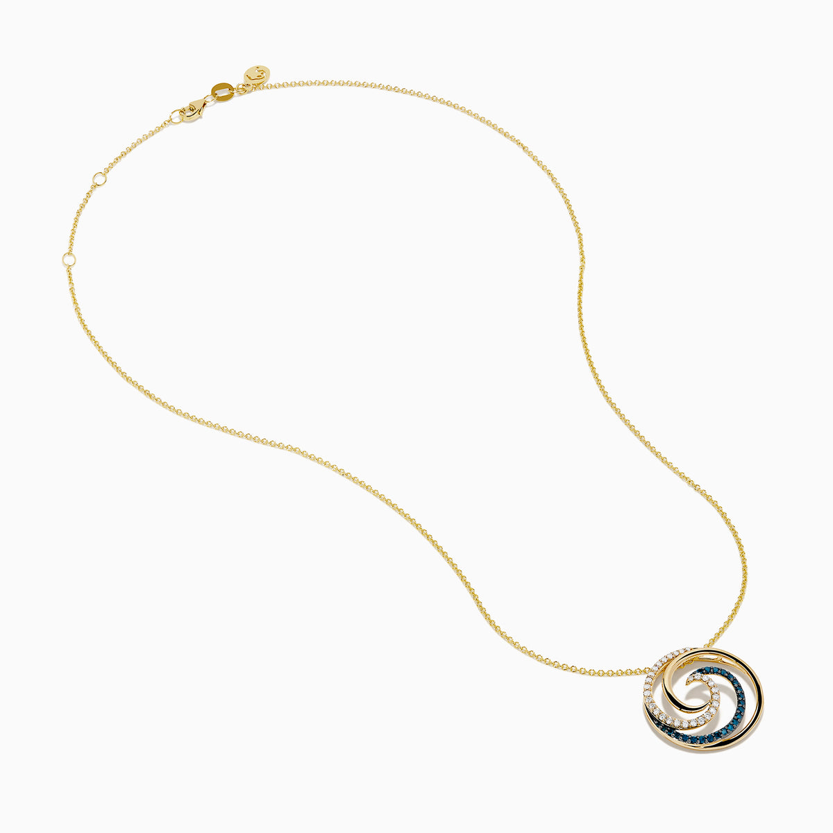 This 14 Karat Yellow Gold Blue Diamond Swirl Pendant features alternating rows of blue and clear gemstones in a spiral swirl, with an elegant wave-like design on a delicate chain.