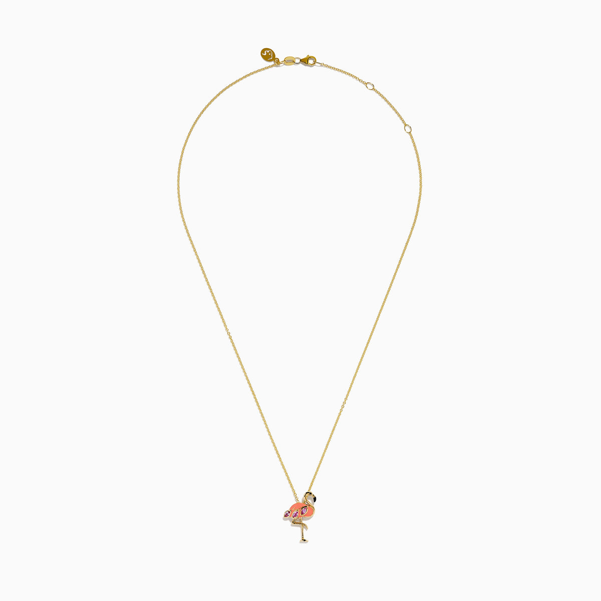 14K Yellow Gold Pink Sapphire, Enamel and Black Diamond Flamingo Pendant