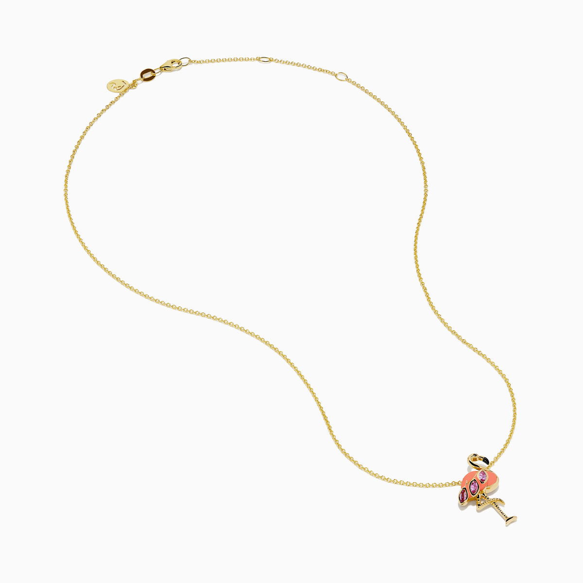 14K Yellow Gold Pink Sapphire, Enamel and Black Diamond Flamingo Pendant