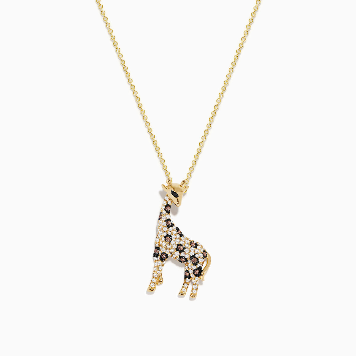 The Safari 14K Yellow Gold Espresso & White Diamond Giraffe Pendant, 0.43 TCW, features black, white, and brown sparkling crystals on a delicate gold chain, shown against a white background.
