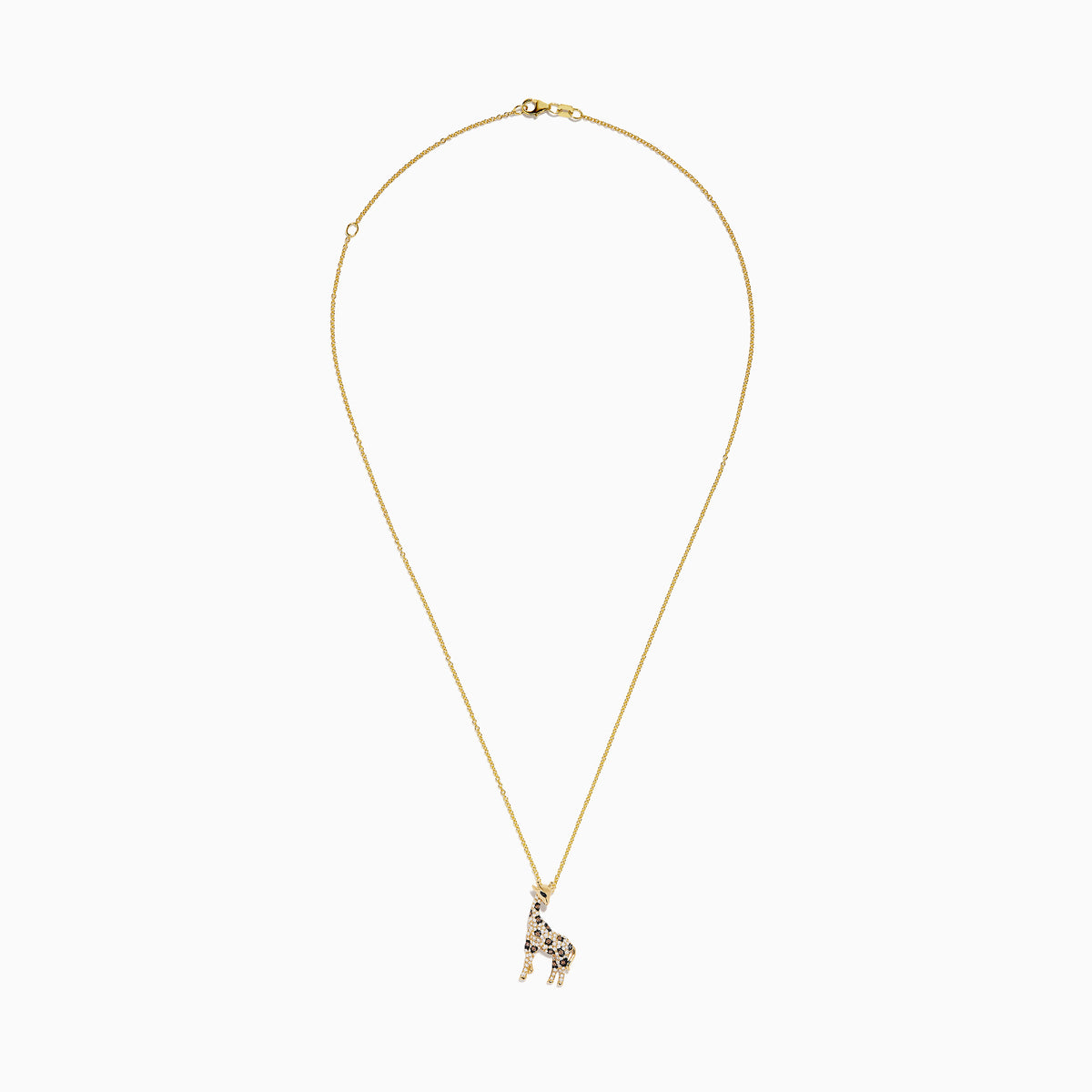 The Safari 14K Yellow Gold Espresso & White Diamond Giraffe Pendant, 0.43 TCW, features black, white, and brown sparkling crystals on a delicate gold chain, shown against a white background.