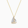 The Novelty 14K Two Tone Gold Diamond Sailboat Pendant (0.27 TCW) features a sailboat design with sparkling stones on one sail, displayed on a gold chain against a white background.