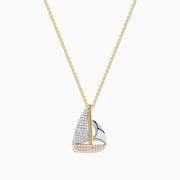 The Novelty 14K Two Tone Gold Diamond Sailboat Pendant (0.27 TCW) features a sailboat design with sparkling stones on one sail, displayed on a gold chain against a white background.