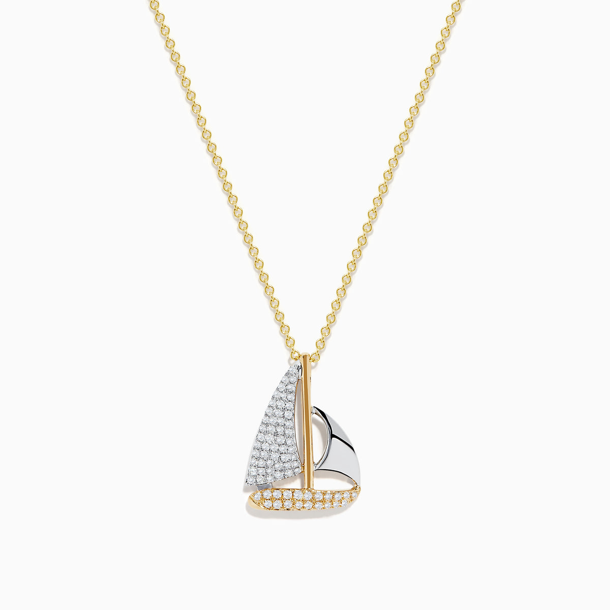 The Novelty 14K Two Tone Gold Diamond Sailboat Pendant (0.27 TCW) features a sailboat design with sparkling stones on one sail, displayed on a gold chain against a white background.