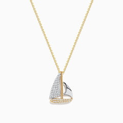 The Novelty 14K Two Tone Gold Diamond Sailboat Pendant (0.27 TCW) features a sailboat design with sparkling stones on one sail, displayed on a gold chain against a white background.