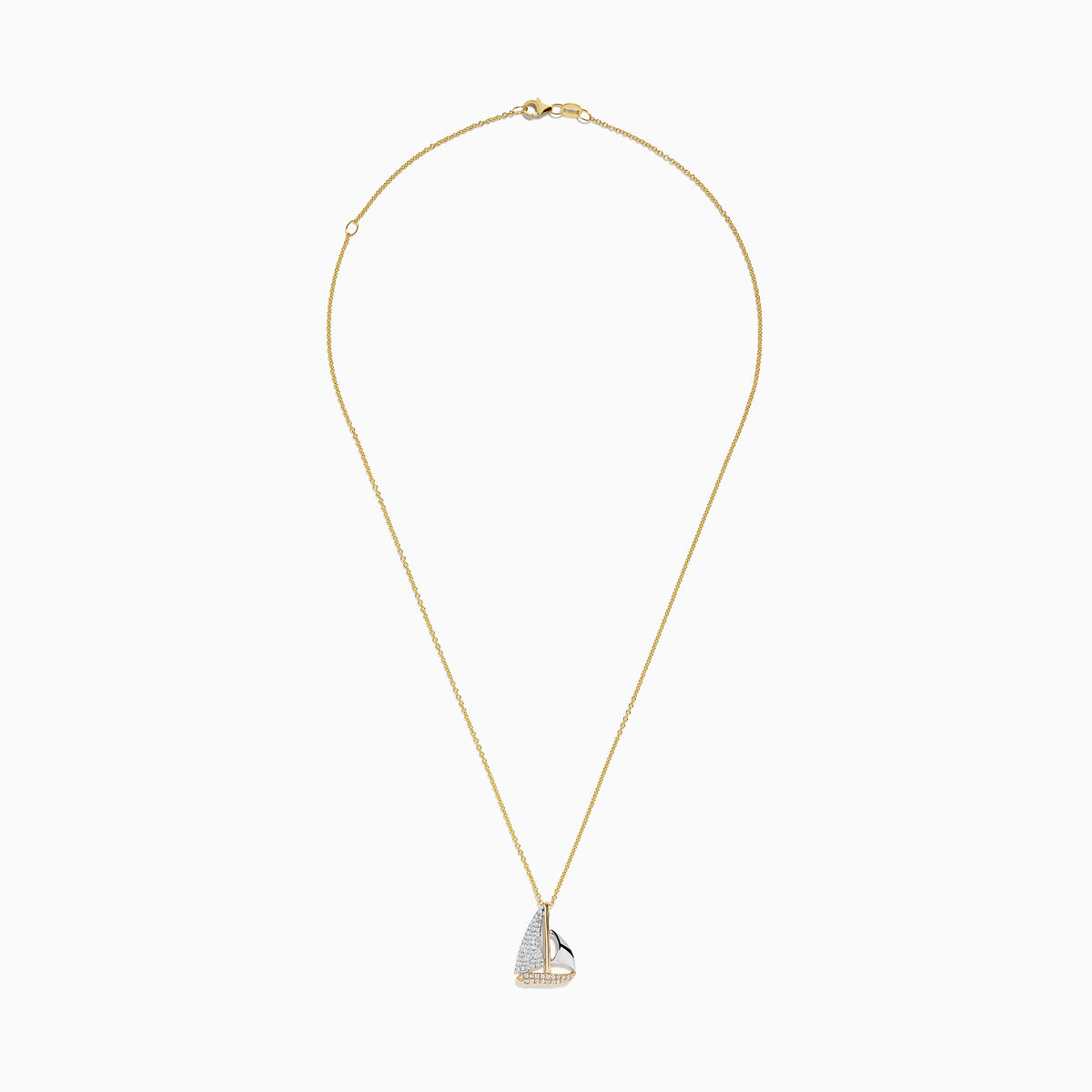 The Novelty 14K Two Tone Gold Diamond Sailboat Pendant (0.27 TCW) features a sailboat design with sparkling stones on one sail, displayed on a gold chain against a white background.