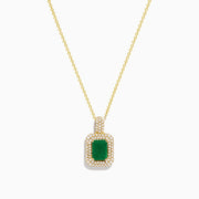The Brasilica 14K Yellow Gold Emerald and Diamond Pendant showcases a rectangular emerald accented with sparkling diamonds, set against a plain white background.